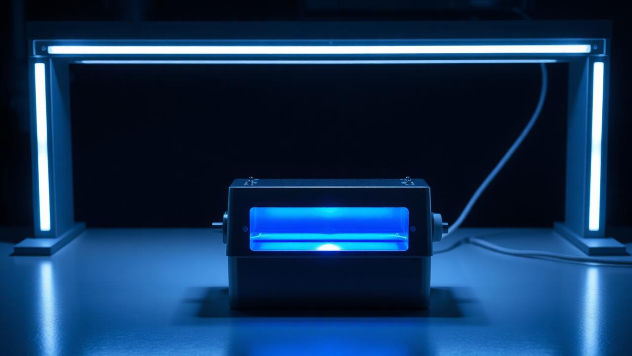 Stainless-steel UV water purification lamp glowing blue on a workbench