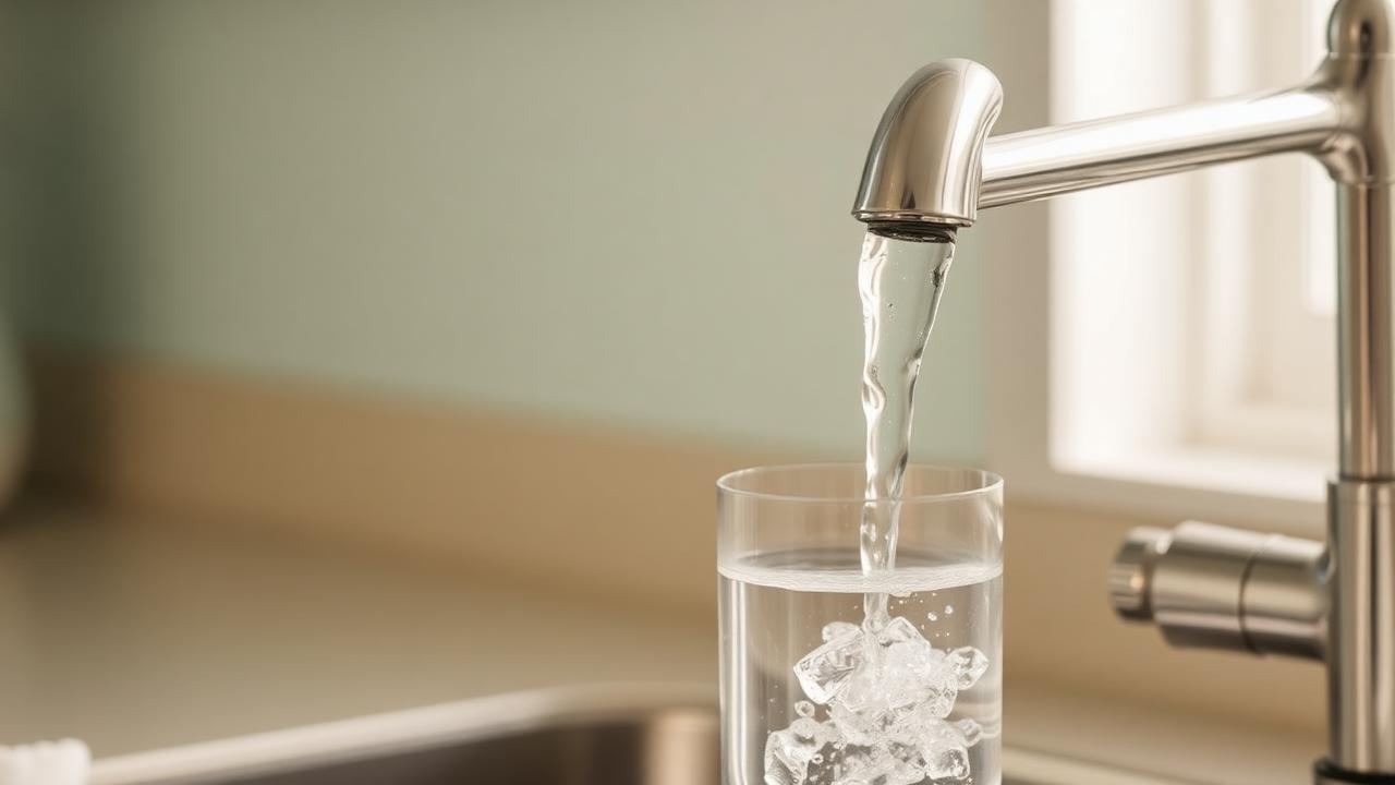 Clear water flowing from a polished chrome kitchen faucet into a glass