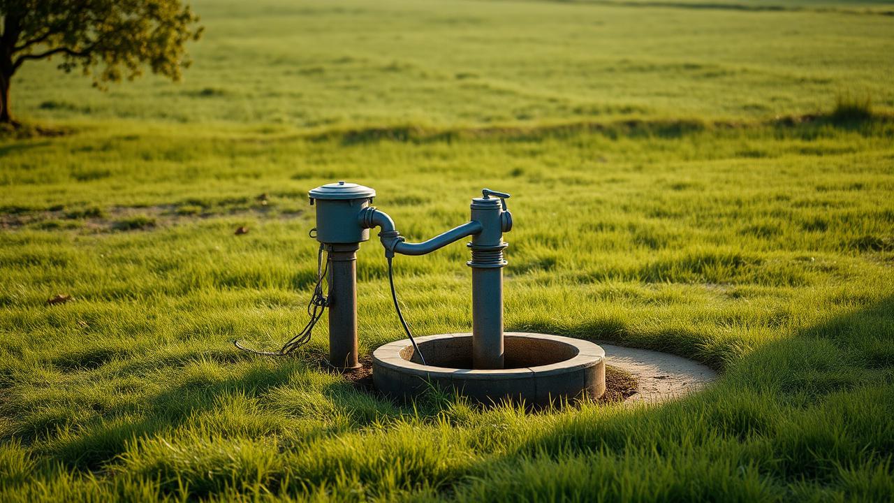 Private water well head and pump in a grassy rural yard